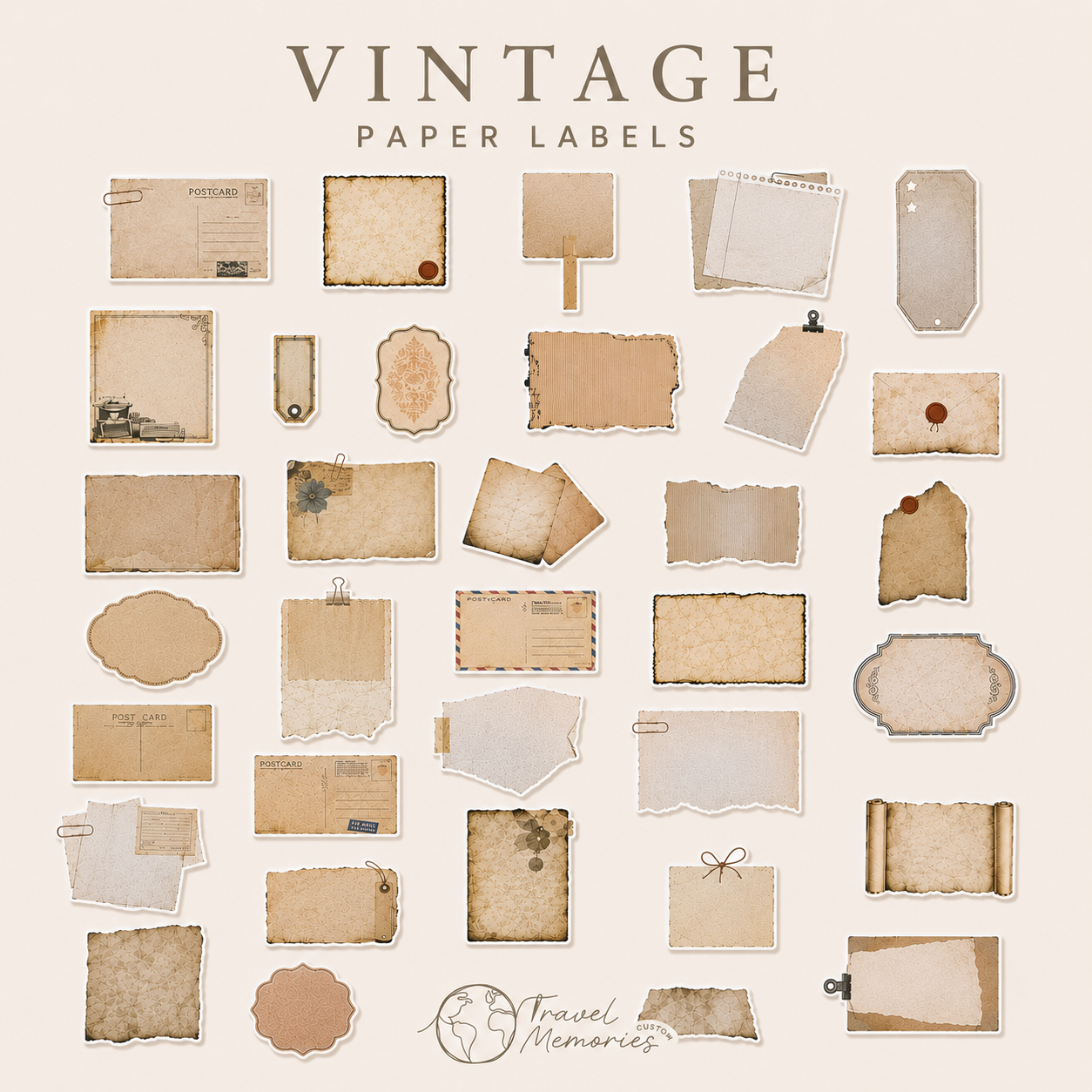 Vintage papier labels in verschillende vormen en bruine, beige en grijze tinten op een lichte achtergrond