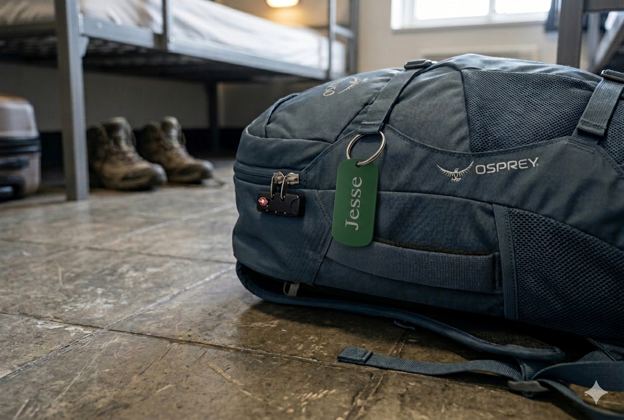 Blauwe Osprey backpack op een hostelvloer met een gepersonaliseerd groen metalen bagagelabel met de naam Jesse