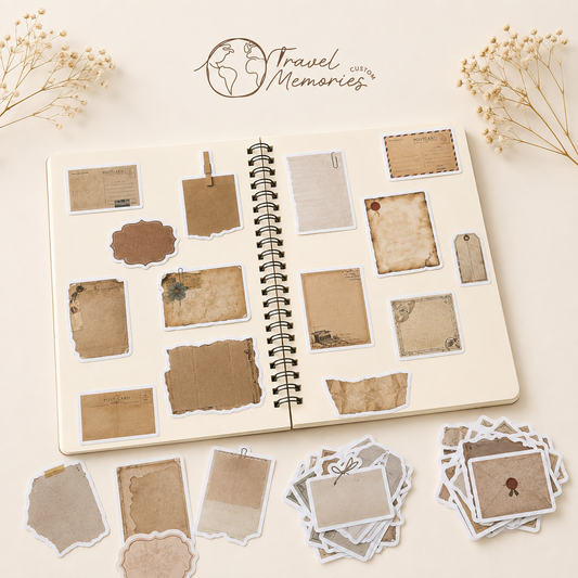 Vintage papier labels gebruikt in een scrapbook met verschillende vormen, texturen en nostalgische details